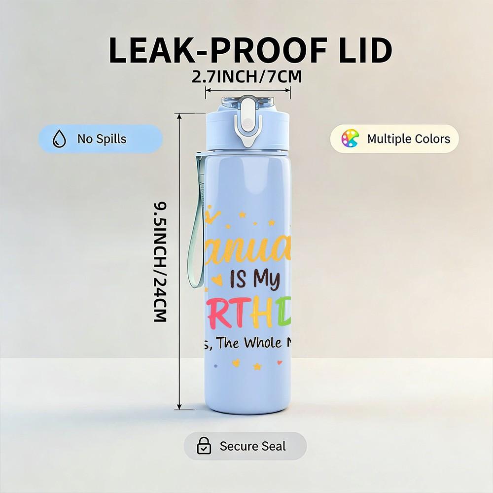 1PC January Birthday Confetti Text 750ml Color Plastic Sports Water Bottle Leakproof Flip Straw Lid Suitable for Sports Office Home Use