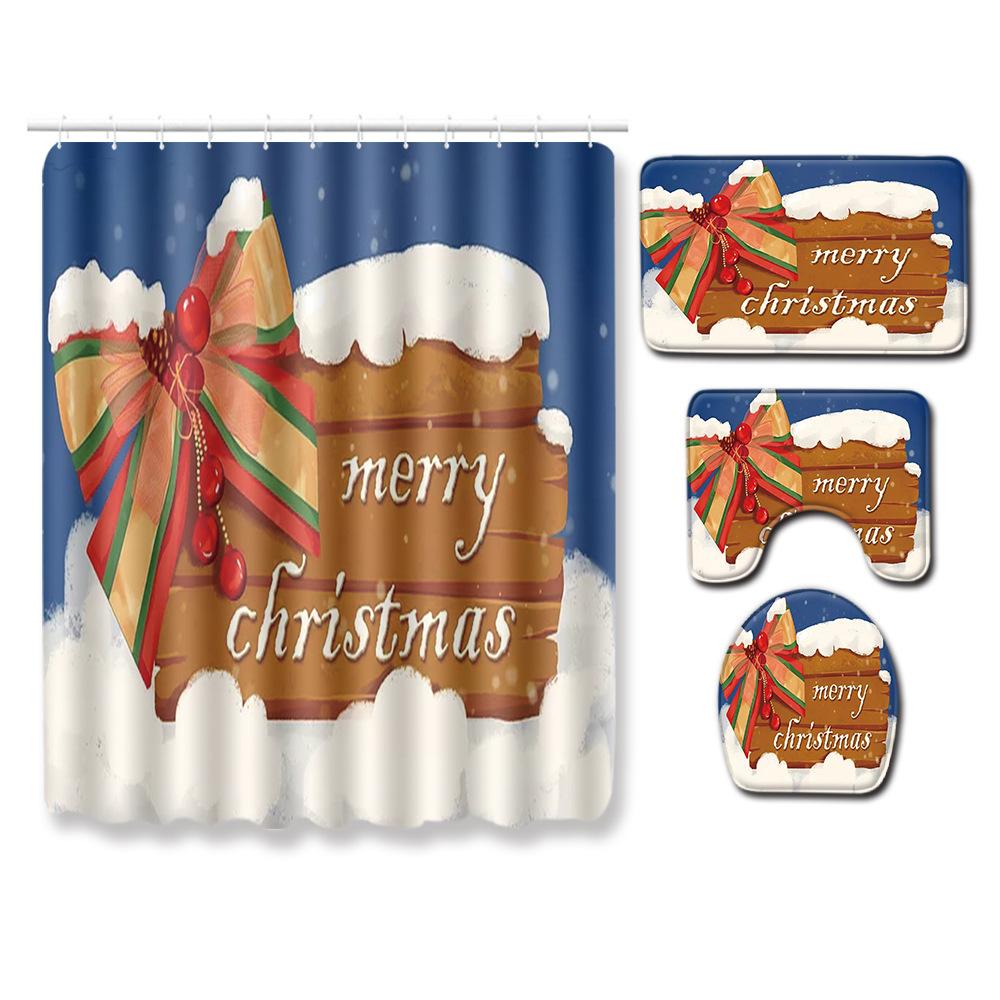 Christmas Shower Curtain Floor Mat Combination Four-Piece Set Bathroom Toilet Carpet Shower Room Mat Foot Mat