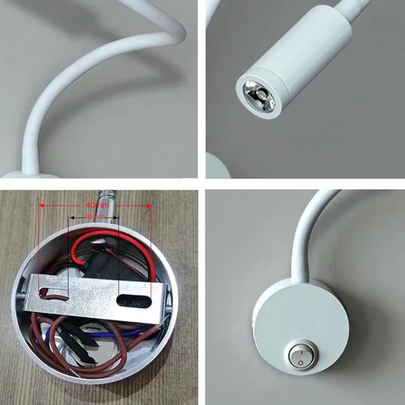 Регулируемая светодиодная настенная лампа для чтения 3 Вт, гибкий шланг, прикроватный настенный светильник для спальни, кабинета, настенный светильник с выключателем, настольная лампа