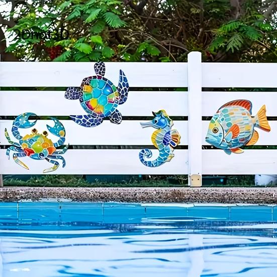 4 Pcs Wooden Beach Wall Decor Colorful Sea Turtle Fish Crab Seahorse Outdoor Sculptures Ocean Theme Wall Art for Garden Fence Home Wall