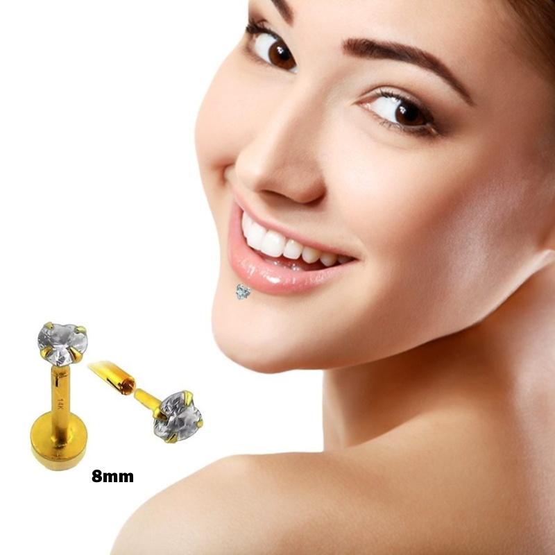 KODY PIERCING 14k Yellow Gold Gemstone Jewel Internal Lip Labret In Hollow Cubic Zirconia Heart-shaped 3mm Set by 4 Prongs - Quality Piercing