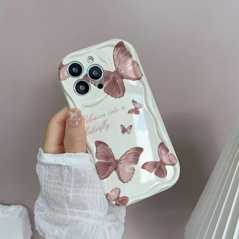 INS Retro Butterfly Phone Case For iPhone 17 16 16e 15 14 13 12 11 Pro Max Mini X XR XSMAX 8 7 6S Air Plus 3D Wave Soft TPU