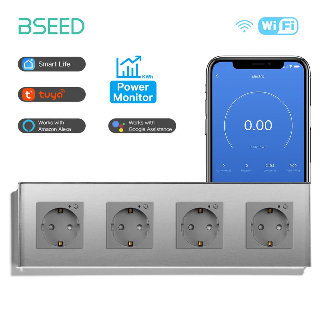 BSEED Wifi Sockets EU Wall Socket Smart Tuya Electric Sockets Power Monitor Google Smart Life Alexa Voice Control Glass Panel