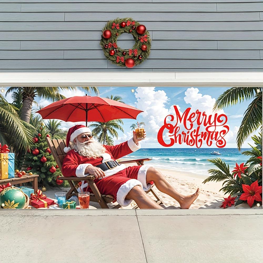 1 piece, Fun Santa Claus Christmas Garage Door Banner on the Beach - Bright Festival Decoration