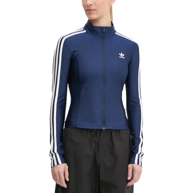 adidas Оригинальная женская куртка-жакет Originals с полосками, воротником-стойкой, молнией, длинным рукавом, приталенная, цвет полуночный синий JD5023