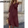 IHUASU Женская мода весна осень однотонный принт с длинным рукавом и высокой талией повседневные платья