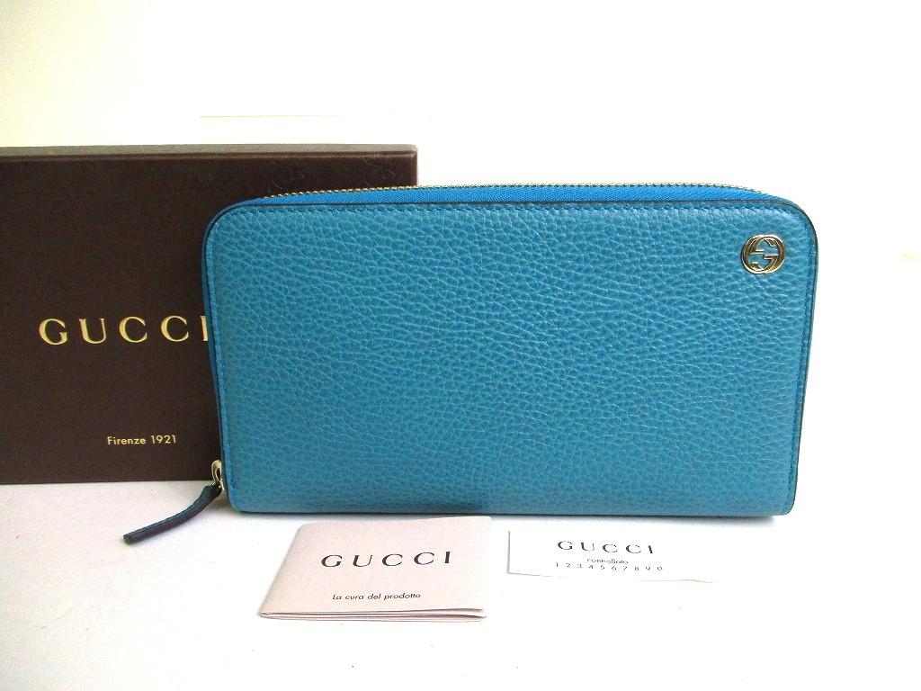 Оригинальный кошелек GUCCI с застежкой-молнией, круглый, из бирюзовой синей кожи, с золотой фурнитурой Interlocking G, #b271 Открытая коробка