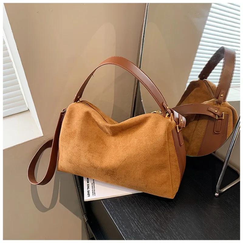 Style Fashion Zipper Solid Faux Suede Top-Handle Bag High Quality Large Capacity Simple Shoulder Bag