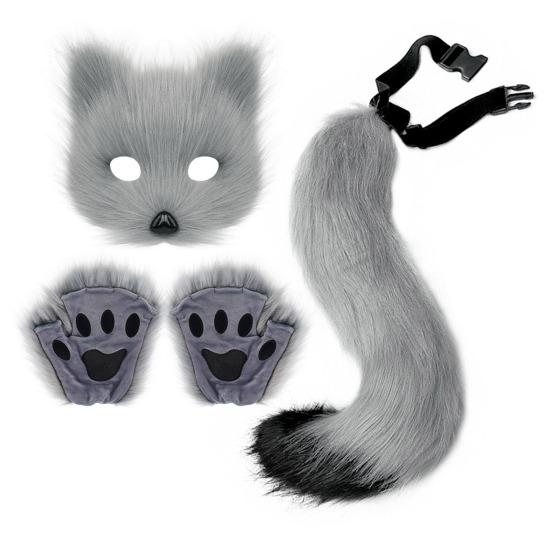Faux Fur Cat Fox Maque Tail And Paw Gloves Set Handmade Furry Animal Therian Kit Masquerade Halloween Party Cosplay Costume Accessory