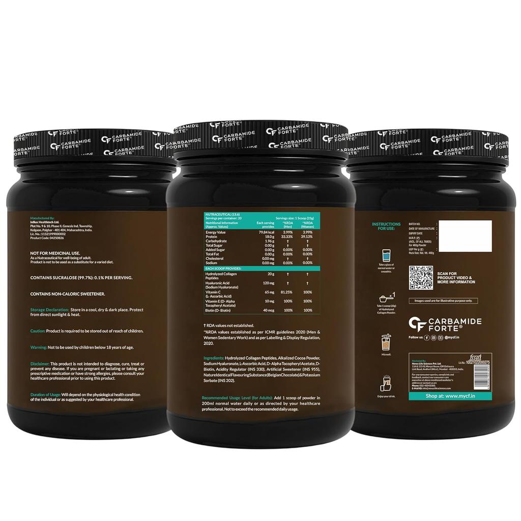 Carbamide Forte Hydrolyzed Collagen Powder for Women & Men 460g | Belgian Chocolate | Type I & III