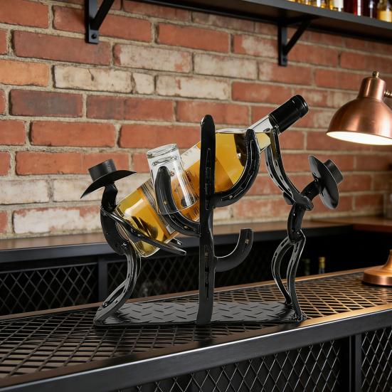 Western Cowboy Cactus Wine Bottle Rack Metal Tabletop Wine Holder with Glass Support Rustic Decorative Bar Accessory for Home Bar Restaurant Cafe
