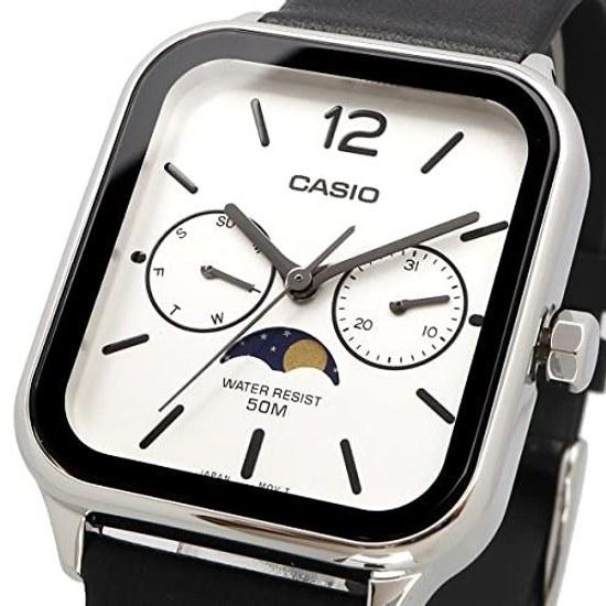 CASIO Стандартные Аналоговые Мужские Часы с Фазами Луны MTP-M305L-7AV Черный Кожаный Ремешок Серебристый Зарубежная Модель