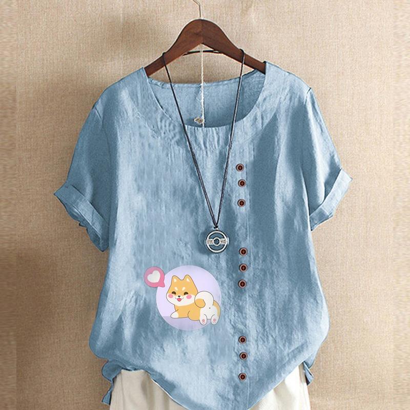 Женская модная футболка с круглым вырезом и коротким рукавом с принтом милой собаки, повседневная рубашка из хлопка и льна с рисунком, свободная летняя блузка для отдыха, топы