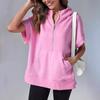 Summer Women Hoodie Half Zipper Short Sleeves Solid Color Pullover Loose with Pocket Casual