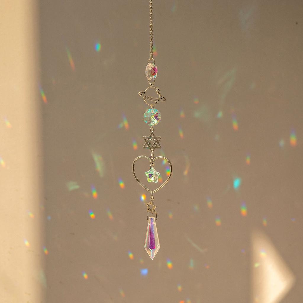 1PC Crystal Wind Chime with Moon Sun Catcher Diamond Prisms Dream Catcher Rainbow Pendant for Home Garden Decor