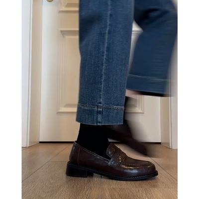 Версия из коровьей кожи~ Натуральная кожа удобные лоферы на платформе женские ретро британский стиль маленькие кожаные туфли толстый каблук одинарные туфли на один педаль