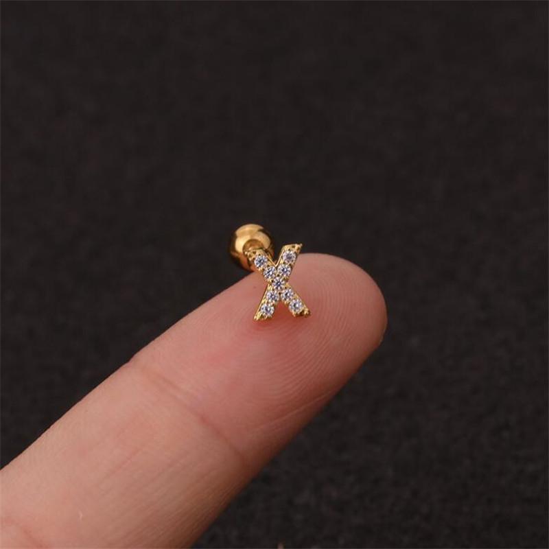 1 шт./пакет, 26 английских начальных букв, кубический цирконий, серьги-гвоздики из нержавеющей стали, серьги для хряща, спиральные ювелирные изделия для пирсинга
