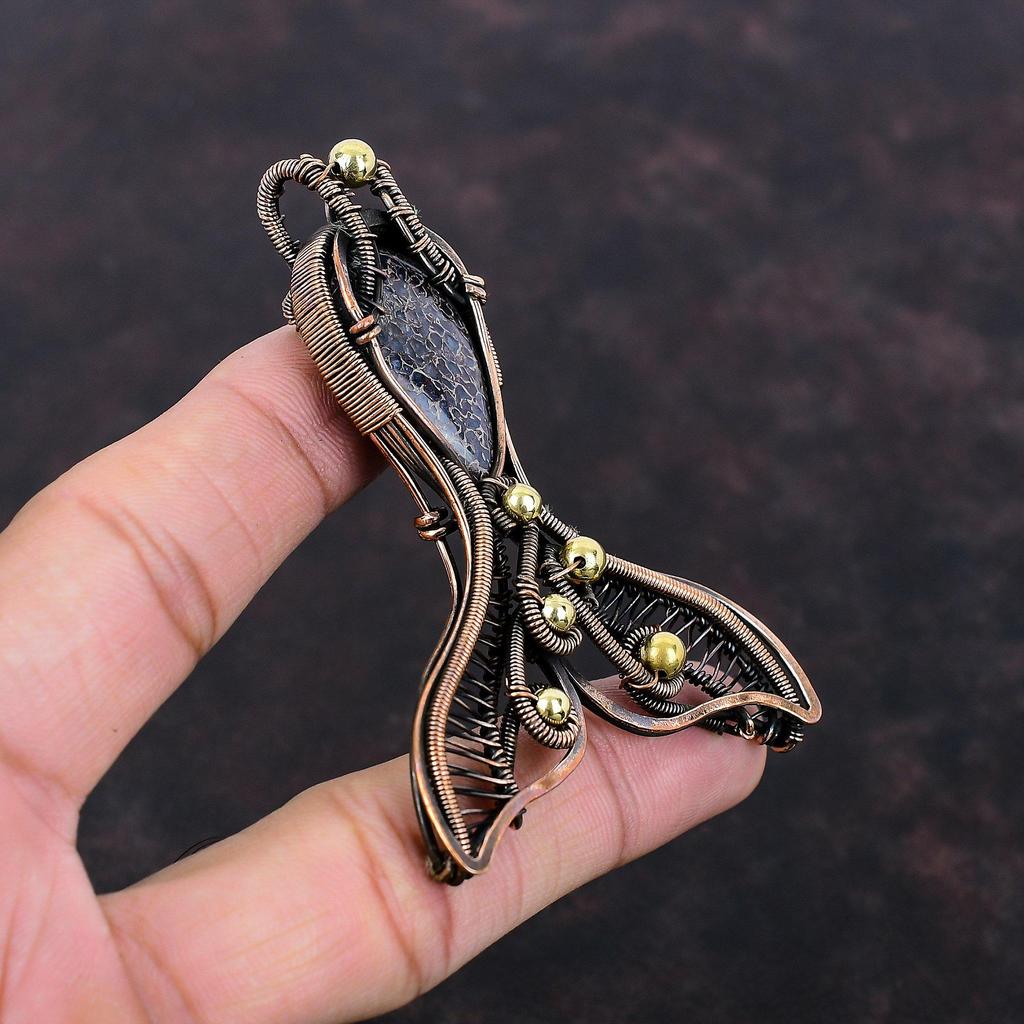 Dinosaur Bone Pendant Copper Wire Wrapped Pendant Fish Pendant Dinosaur Bone Gemstone Jewelry Handmade Boho Pendant Copper Jewelry For Gift