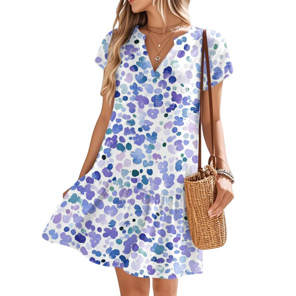Женские платья с коротким рукавом и V-образным вырезом с цветочным принтом Свободные повседневные пляжные платья в стиле темперамент
