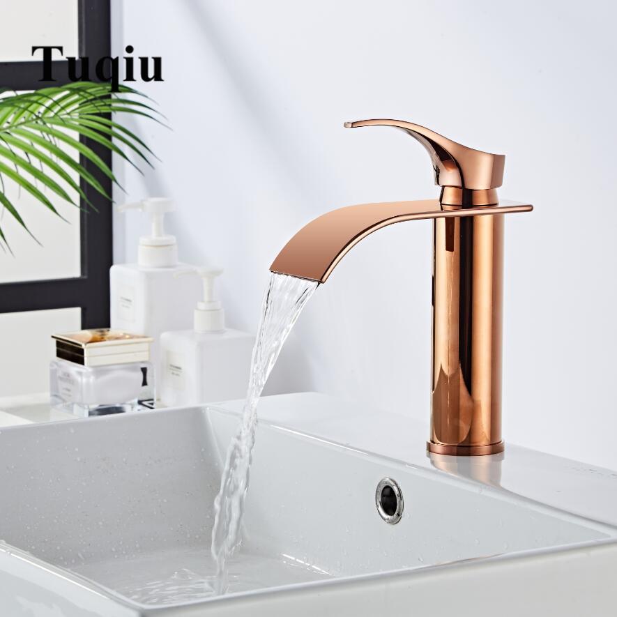 Rose Gold Basin Faucet Waterfall Faucet Brass Bathroom Faucet Bathroom Basin Faucet Mixer Tap Hot and Cold Brass Sink Faucet