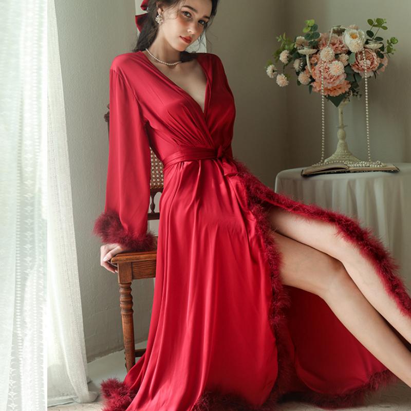 Sexy Wedding Morning Feather Robe Women Long Kimono Bathrobe Gown Spring Summer Satin Sleepwear Nightgown Loose Home Dress