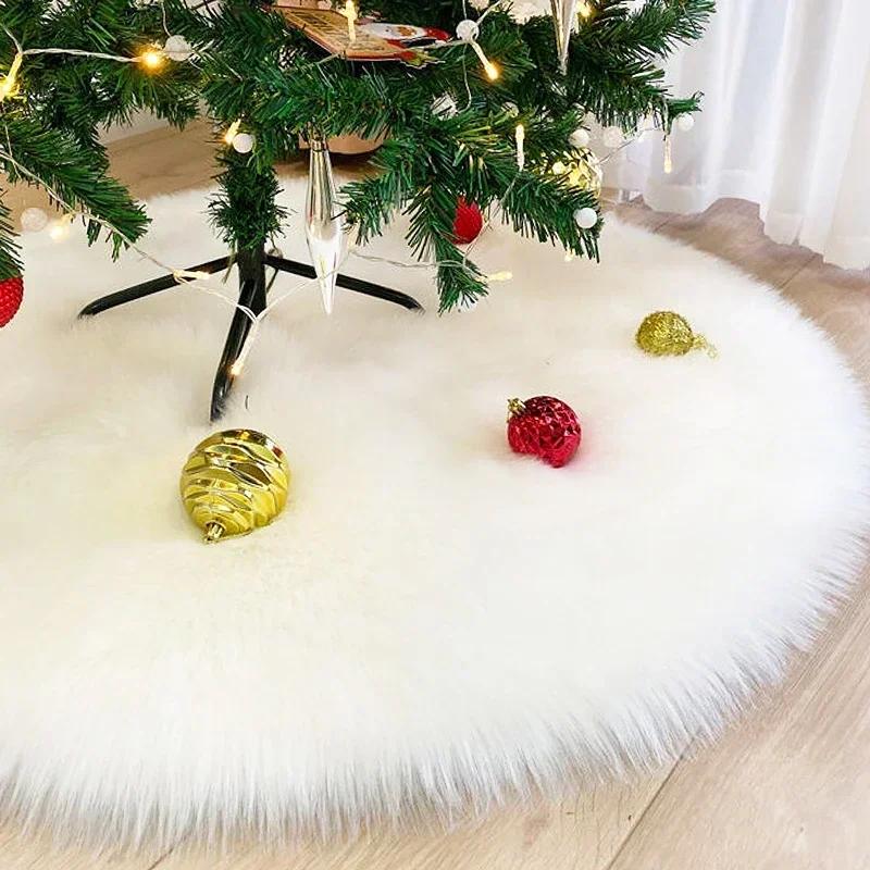 38/68cm Snowy White Christmas Tree Skirt Plush Faux Fur Xmas Trees Carpet Mat Ornaments For New Year Home Party Decoration