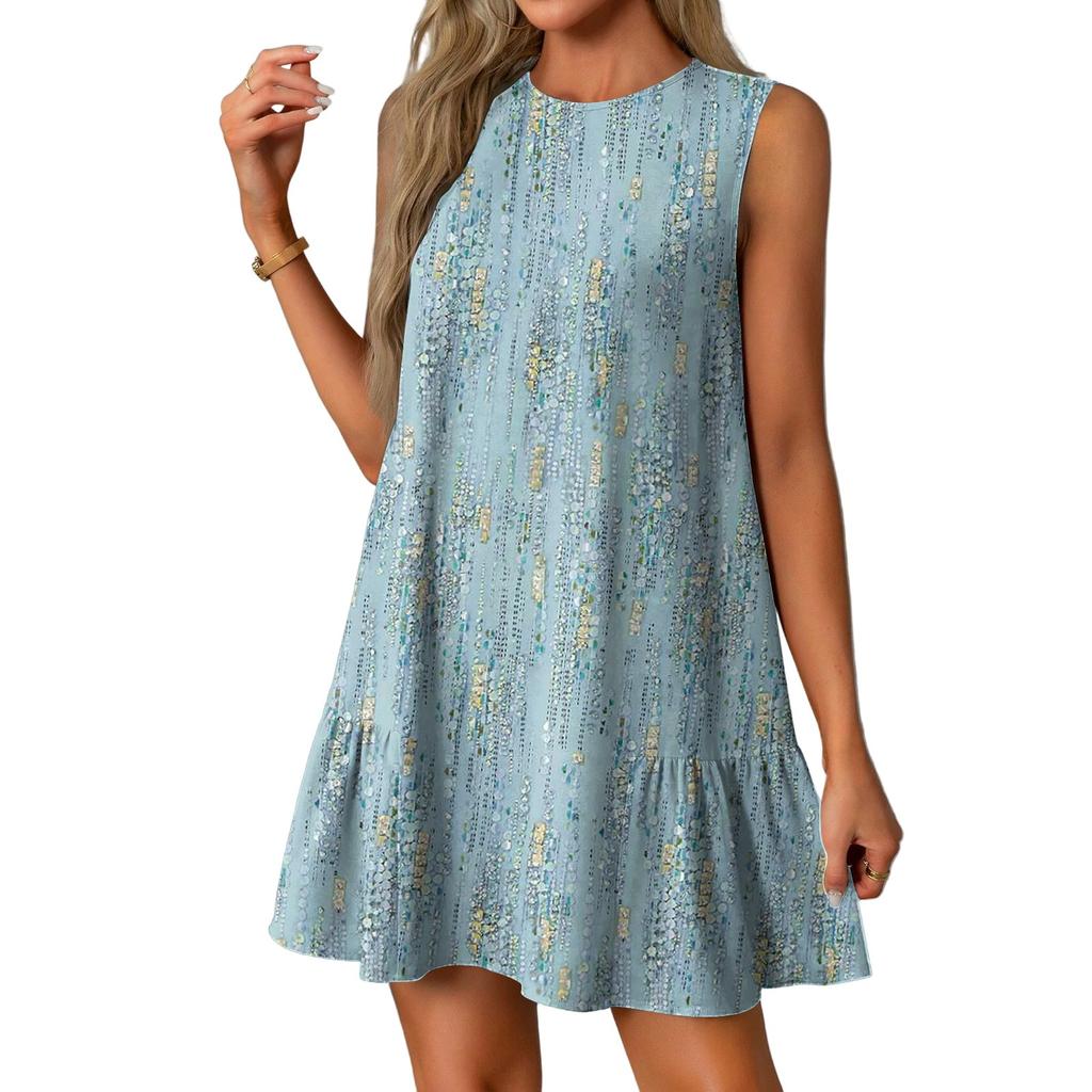 Женские модные повседневные платья без рукавов с круглым вырезом и оборками с винтажным принтом