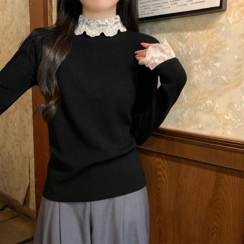 Кружевной полуводолазка базовый топ женский осенне-зимний милый внутренний с длинным рукавом теплый вязаный свитер с флисом Энди