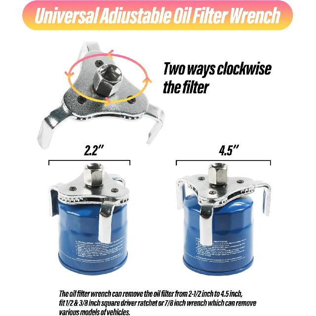 ESEWALAS Adjustable Carbon Steel Oil Filter Wrench, 2-1/2 In To 4.5 In, 3 Jaw Design, 2 Way Removal Tool Set