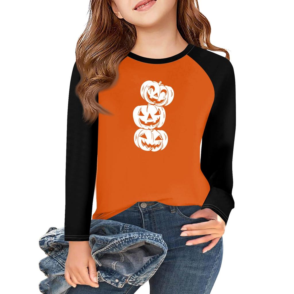 Футболки с длинным рукавом для девочек на Хэллоуин, детские осенние топы с круглым вырезом, базовые футболки 5-14 лет