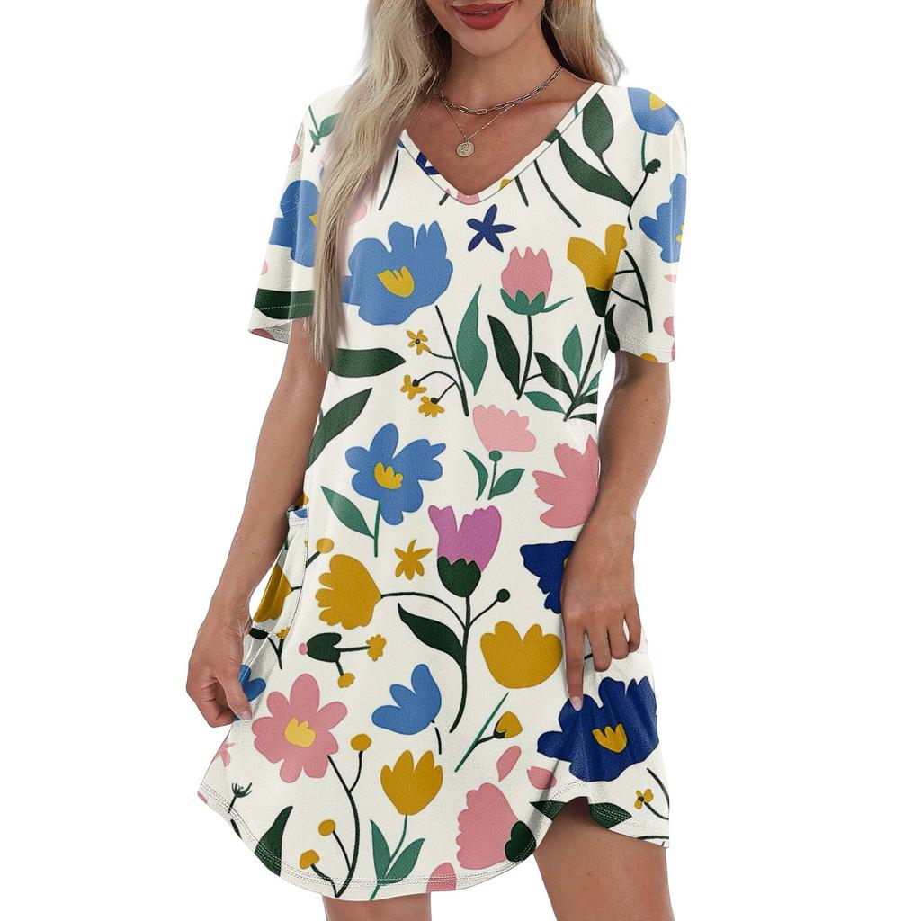 Women's Summer Fashion Casual V-Neck Floral Print Short Sleeve Pocket Dress