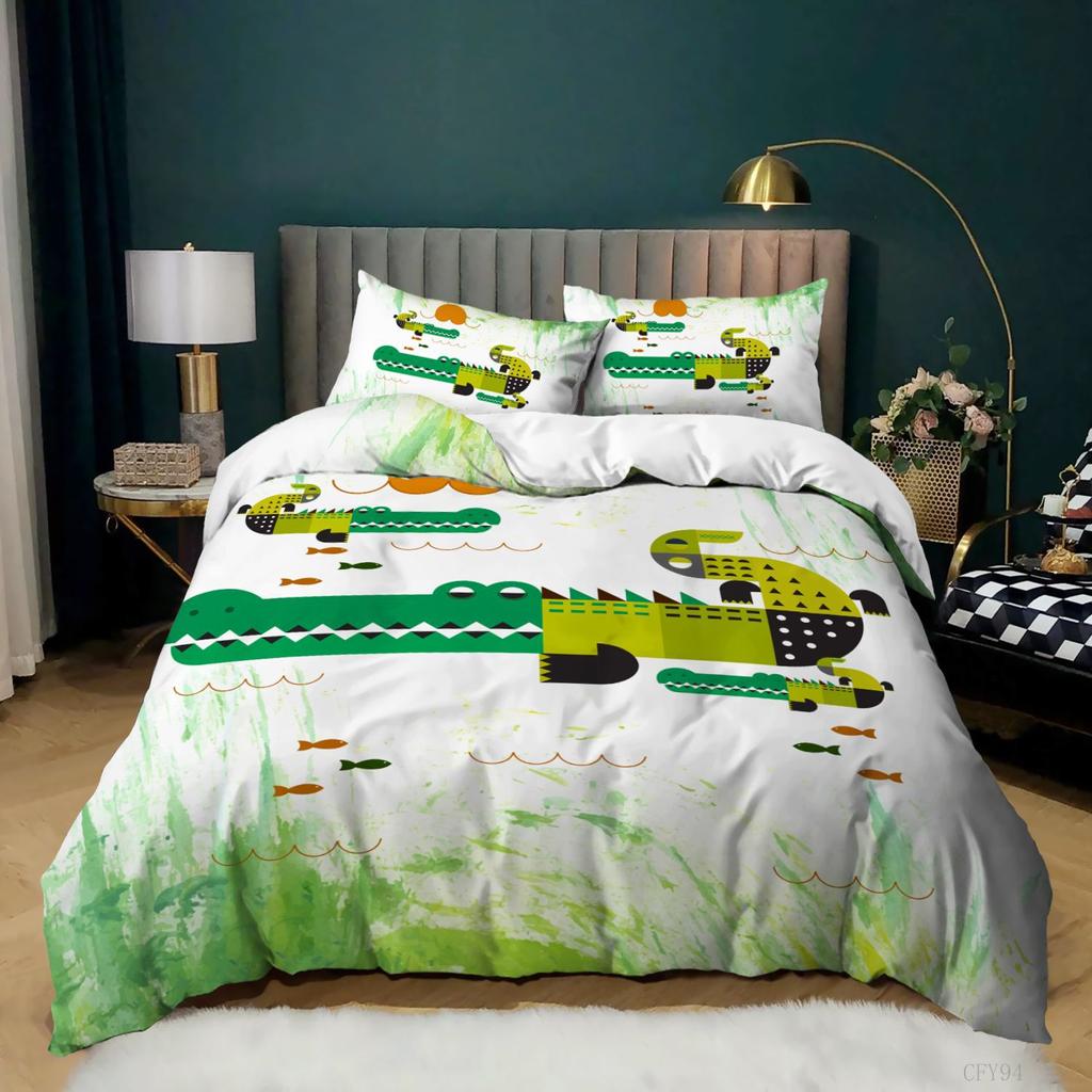 Зеленый мультяшный пододеяльник, комплект постельного белья с милым рисунком аллигатора для детей, мальчиков и девочек, 3 предмета, крокодил, животное, королевский/королевский размер, пододеяльник