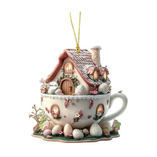 1Pc/5Pcs Easter Coffee Cup House Ornaments Chocolate Mug Bunny House Pendant 2D Acrylic Hot Cocoa Mug Spring Ornament for Holiday Home Decor