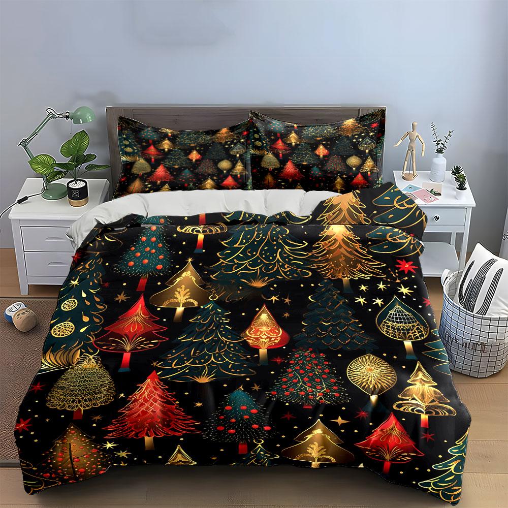 Christmas Tree Festive Pattern Bedding Duvet Cover Set Duvet Cover Pillowcases (1*Duvet Cover 2*Pillowcases, without duvet insert)