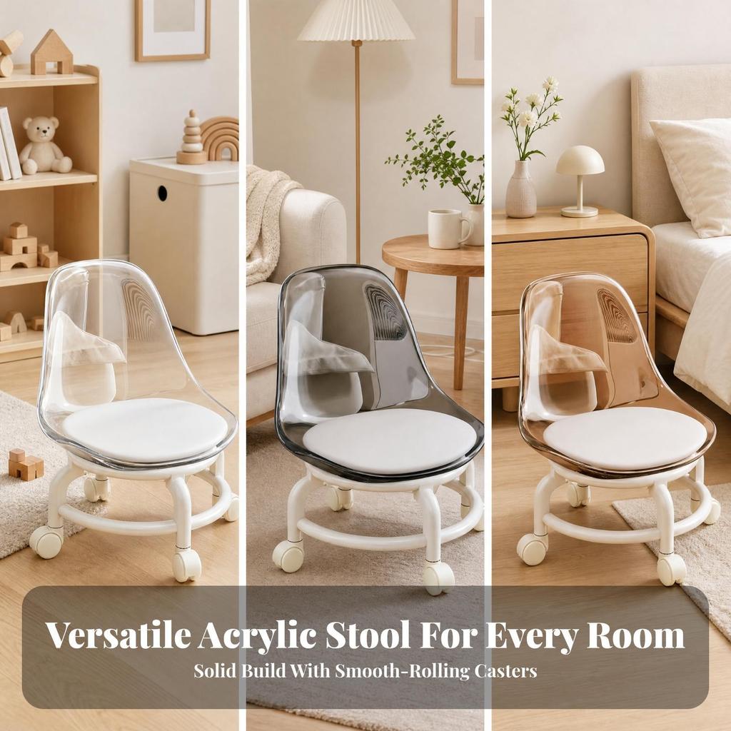Padded Seat Stool with Caster Wheels | Mobile, Compact Rolling Acrylic Backrest,