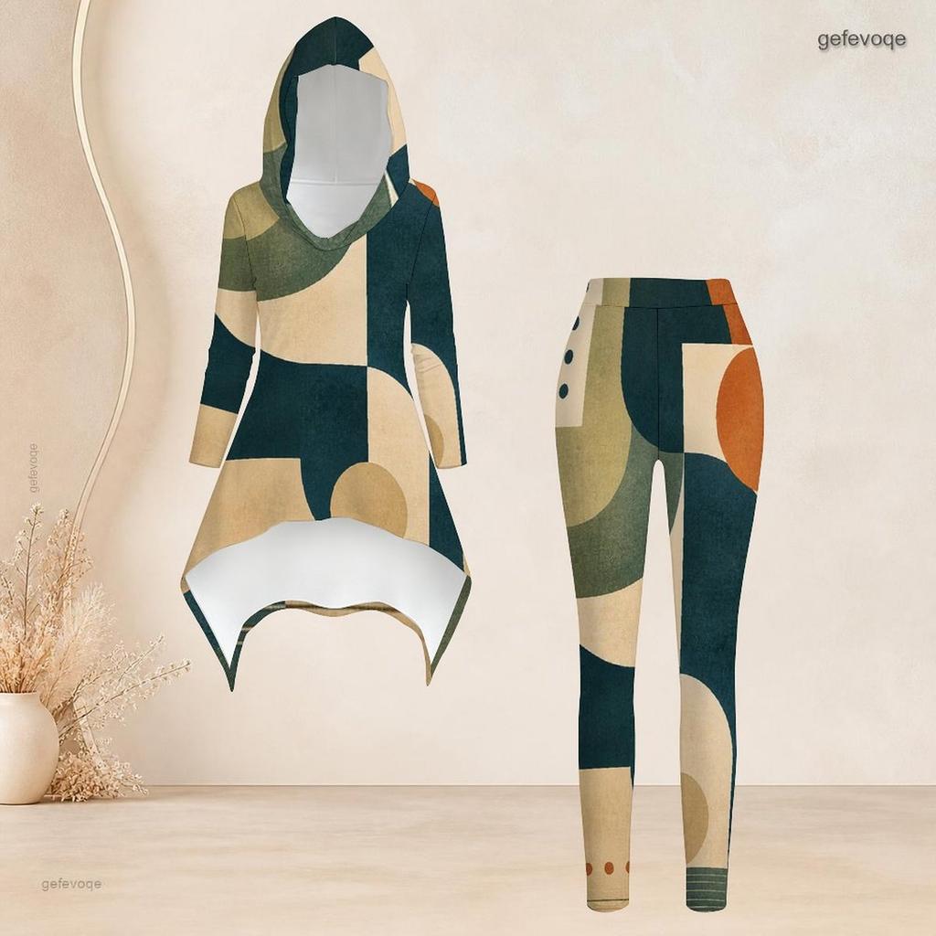 Women Plus Size Printed Hooded Long Sleeve High Low Top And Fitted Pants Two Piece Set