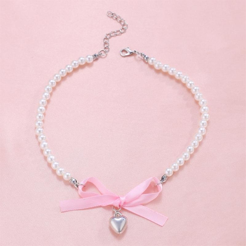 Элегантное ожерелье с подвеской в виде сердца и банта из жемчуга для женщин, милое универсальное ожерелье с подвесками, модные ювелирные изделия, подарок