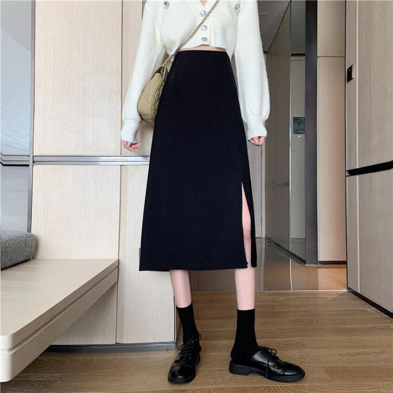 2021 Plus Size High Waist A-Line Midi Skirt - Black Slimming Bodycon with Slit