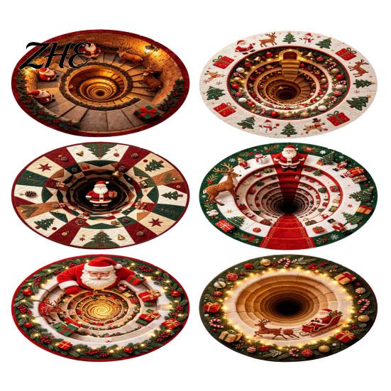Non Slip Holiday Floor Decor Christmas Round Area Rug, 3D Visual Trap Mat with Santa Elk Print, Stylish Spiral Pattern Rugs Non-Slip Stain Resistant