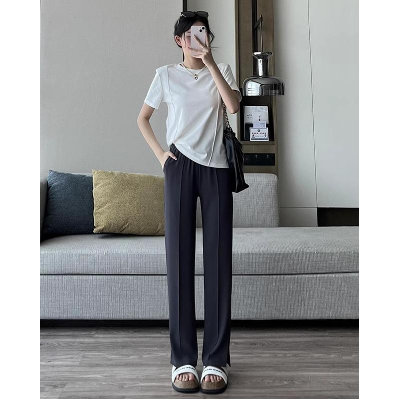 Side split narrow wide-leg pants women's summer high waist drape ice silk sunscreen straight suit pants high waist and thin