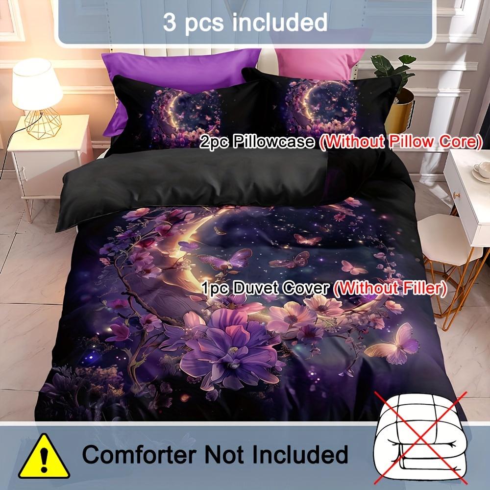 Aesthetic Purple Floral And Moon Print Duvet Cover With Pillowcases, No Filling, Soft Microfiber Bedding For Bedroom Decor
