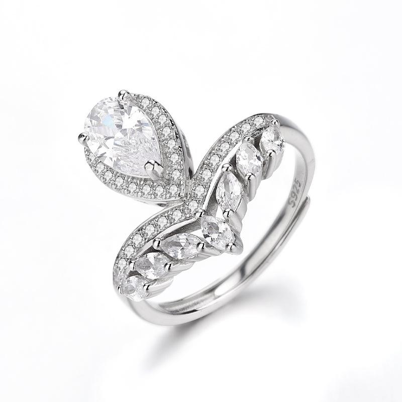 925 Sterling Silver Crown Diamond Ring Women'S Light Luxury Fashion Water Drop Horse Eye Open Ring Platinum Special-Shaped Diamond V-Row Diamond Ring