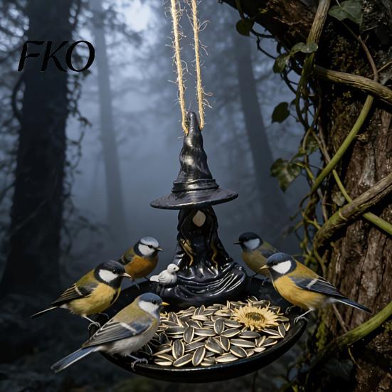 Wide Rim Bird Feeder Meditating Witch Feeder, Outdoor Hanging Deep Food Tray Waterproof Resin for Garden Decoration Spill-proof