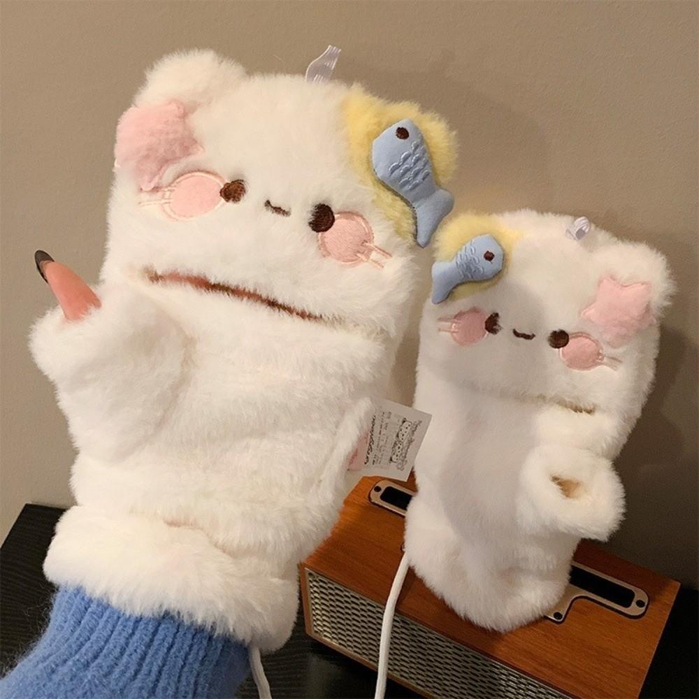 One Size Cartoon Cat Gloves Half Finger Winter Warm Touch Screen Gloves Soft Flip Top Gloves Girls