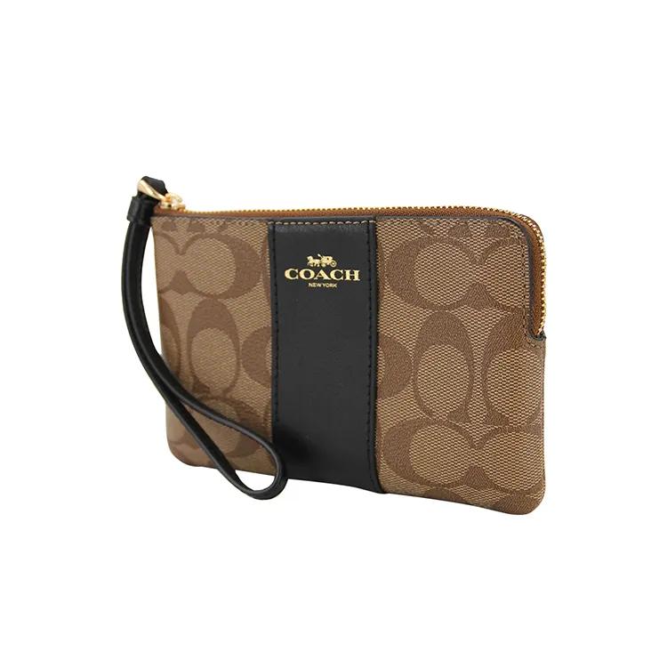 Coach Кожаная сумочка-клатч с молнией в углу, кошелек для мелочи, на запястье, маленькая, женская, черная, коричневая (унисекс) Кошельки 58035 IMCBI