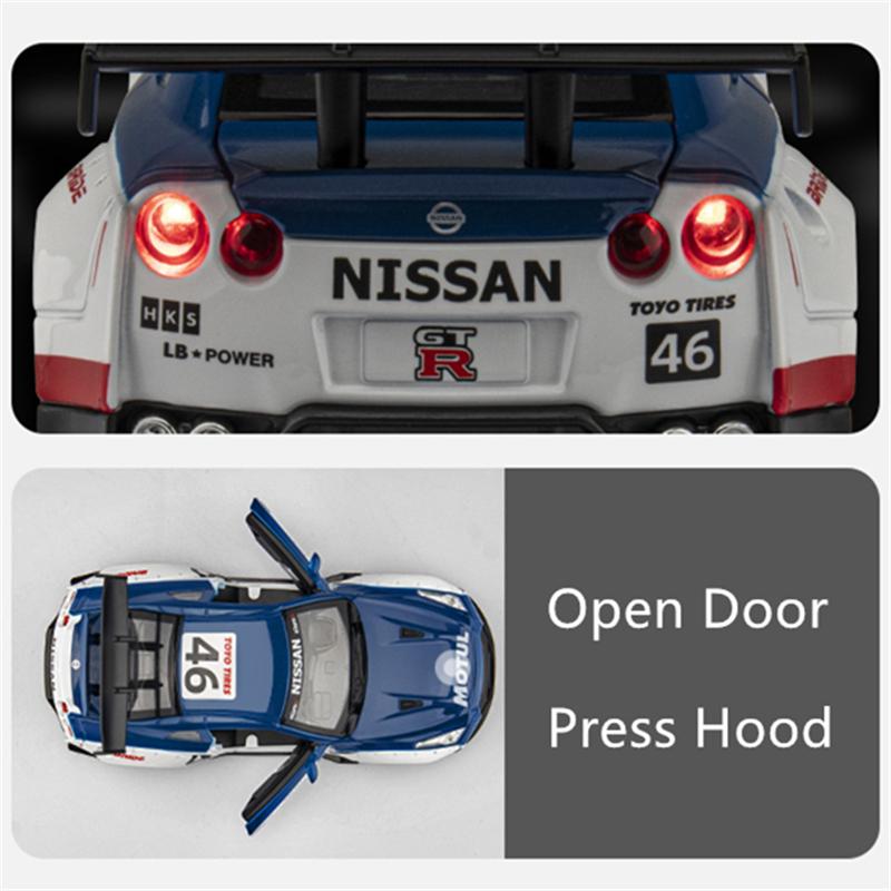 Масштаб 1/24 Nissan GTR, литая под давлением модель автомобиля, игрушечный автомобиль с откатным механизмом, звуком и светом для детей, коллекция подарков для мальчиков и девочек
