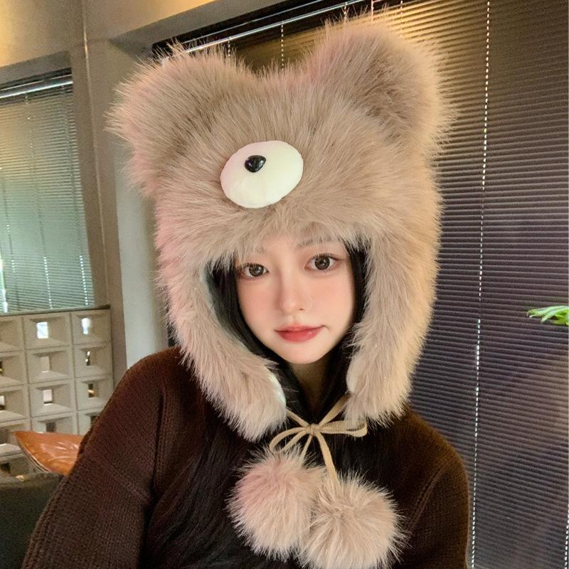 Милая плюшевая шапка-медведь женская зимняя утолщенная теплая универсальная шапка-пуловер показывает маленькое лицо и защищает уши от холода