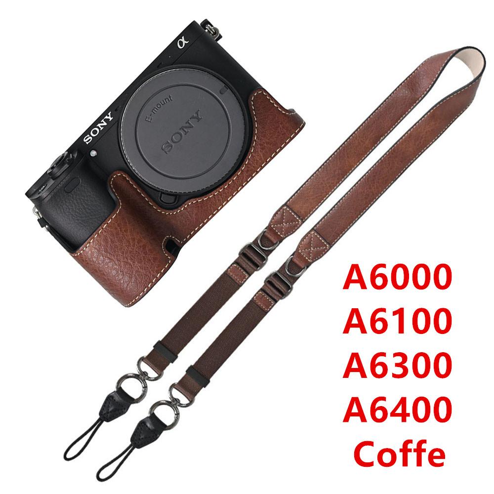 Получехол для камеры из ПУ кожи личи для Sony A6700 A6400 A6300 A6100 A6000 ZVE10 ZVE10II ZVE10M2 с открывающимся снизу чехлом и ремешком