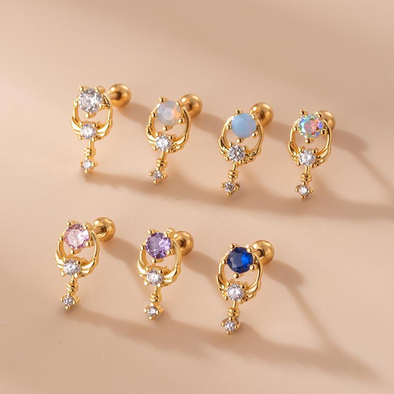 Корейская мода Разноцветные циркониевые серьги-пусеты с двойным наконечником из нержавеющей стали для хряща