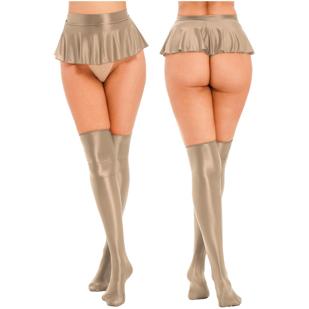 Womens Glossy Ruffled Miniskirt Pool Party Beach Bikini Bottoms Cover Ups with Thigh High Stockings